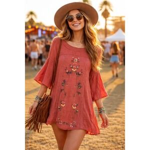 Umgee Womens L Terracotta Rust Embroidered Floral Bell Sleeve Tunic Top A4493
